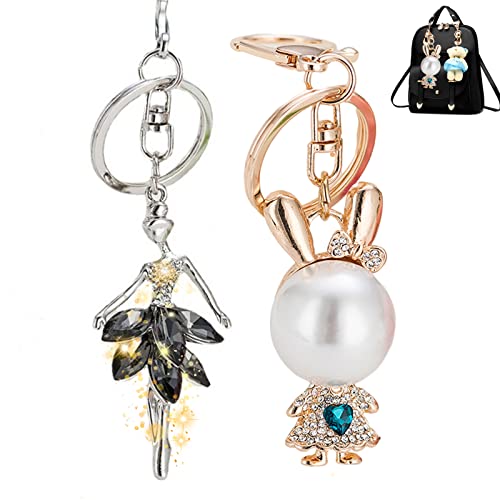 Ydhoud 2 Pcs Llavero de Cristal, Llavero de Coche Mujer, Llavero de ángel de Perlas, Llavero de Niña Particular, Llavero de Conejito, Moda Creativa, Regalo para la Familia, Amigos, Novias Cover
