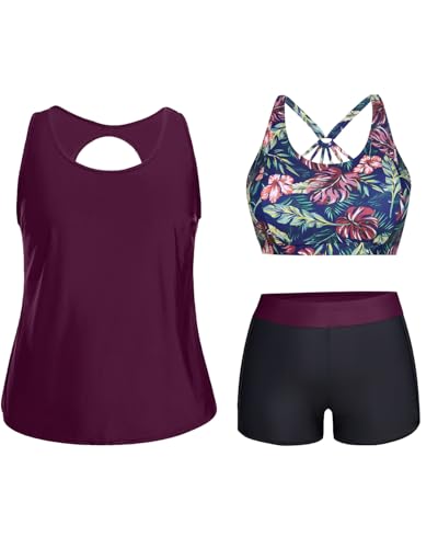 Image of Holipick Women Plus Size Swimsuits - Athletic 3 Piece Tankini with Shorts