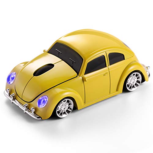 Bklnog Classic Car Shaped Mouse [Updated] With Led Headlights, 1600 Dpi, 2.4Ghz Wireless Computer Mouse, Comfortable For Every Use, Yellow #TOP1