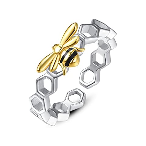 Palpitate Bumblebee Ring Bee Rings for Women 925 Sterling Silver Honeycomb Beehive Ring Adjustable Open Gold Honey Bee Jewelry Gifts for Women Cover