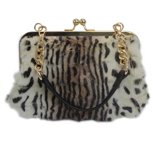Fosrion Luxury Mink Fur Leopard Print Handbag – Small Kiss Lock Purse with Gold Chain Strap, Evening & Shoulder Bag