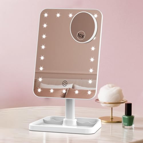 Specchio da trucco ricaricabile illuminato con ingrandimento 10x, grande specchio da toeletta per tavolo da toeletta con luminosità regolabile, sensore touch e design portatile