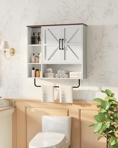 Bathroom Wall Cabinet, Medicine Cabinet Wall Mounted, Over Toilet Storage Cabinet, Wall Cabinet with Towel Bar, Open and Hidden Storage Space, for Bathroom Living Room Kitchen White and Walnut - Image 4