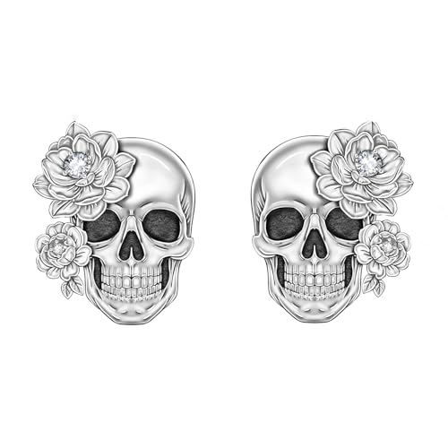 Boucles d'oreilles tête de mort en argent 925 et oxydes de zirconium roses