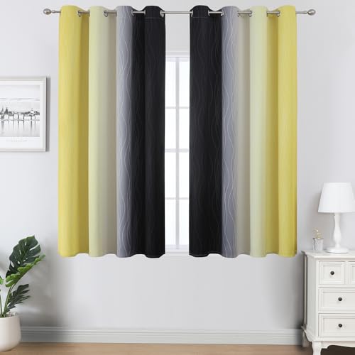 Estelar Textiler Black and Yellow Blackout Curtains 54 Inches Long, Full Light Blocking Gradient Grommet Drapes for Kitchen, Thermal Insulated Ombre Curtains for Bedroom, 52Wx54L, 2 Panels
