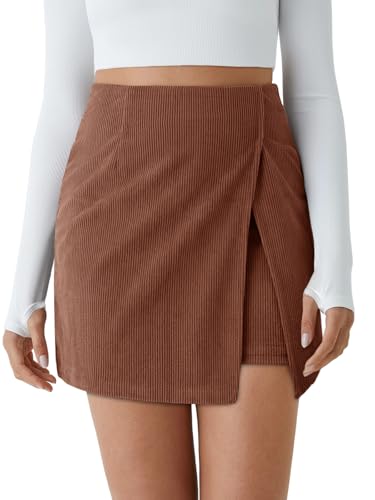 Cicy Bell Womens Corduroy Mini Skirt Casual High Waisted Side Slit A-line Bodycon Work Pencil Skirts with Shorts