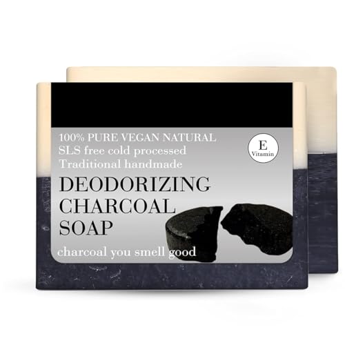 Activated Charcoal Bath Soap (Pack of 2) | Deep Cleansing & Detoxifying Bar with Tea Tree, Peppermint & Vitamin E | Controls Body Odour | 100% Organic, Handmade – 150g Each