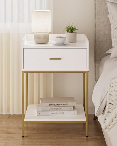 Image of Masupu Nightstand, 3-Tier Modern Bedside Night Stand with Storage Drawer and Shelf, Large End Side Table for Bedroom, Living Room, White
