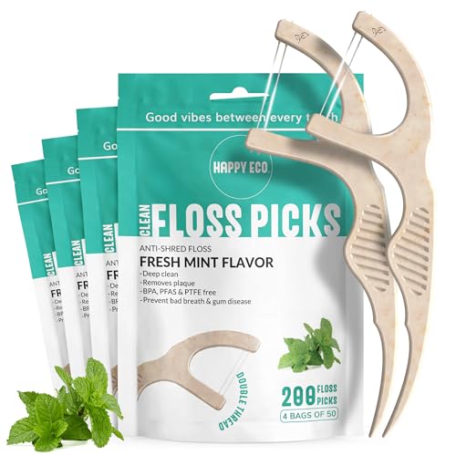Dental Floss Picks for Teeth (200ct) - Double Thread Tooth Picks Flossers for Adults, Toothpicks Floss, Vegan Corn-Straw Handle, Shred-Resistant String for Interdental Oral Care & Gum Health, Mint