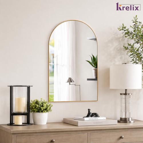 Image of 12x18 Inch Gold Arched Vanity Mirror - Modern Plastic Frame Wall Mirror for Bathroom, Bedroom & Home Decor(Gold, Cruved)