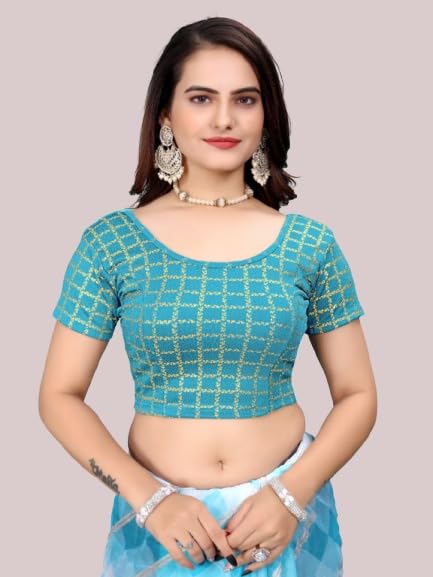 APPERA_Women’s Brocade Saree Blouse – Golden Check Design Readymade Short Sleeve Ethnic Crop Top for Wedding (FIROZI, 32)-picture-28