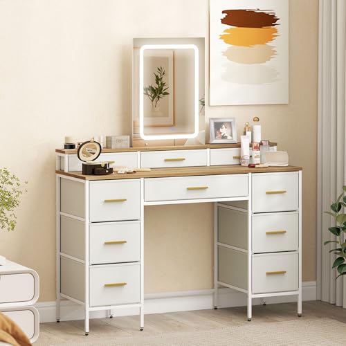 HOMCOM Tocador con Luces LED de 3 Colores, Tocador de Maquillaje con Espejo, Mesa de Maquillaje con 10 Cajones de Tela, Patas de Acero, Moderno, para Dormitorio, Salón, Natural