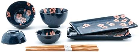 Fuji Merchandise Pink and Blue Sakura Cherry Blossoms Sushi Dinnerware 6pc Set for Two Including Plate Sauce Bowls and Rice Bowl with Chopsticks Made in Japan