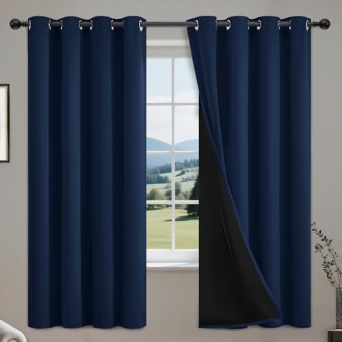 Image of COSVIYA 100% Navy Blue Blackout Curtains for Kids Room 72 Inches Length | Room Darkening Light Blocking Drapes for Bedroom, Thermal Insulated Grommet Window Panels with Black Liner, W40xL72, 2 Panels