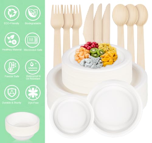 ilauke 170 Stück Weiß Pappgeschirr Geschirr Set, Kompostierbar Ökologisch Pappteller und Besteckset,für Camping Party und Picknick Set inklusive Teller, Löffel, Gabel, Messer, Servietten, Schüsseln