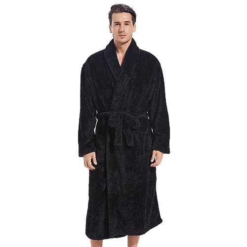 Image of Inner Wish Mens Plush Fleece Robe, Highly Absorbent Cozy Warm Bathrobe Fuzzy Male Spa Long Robe With Pockets
