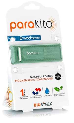 PARAKITO - Wiederverwendbares Mückenschutzarmband - 2 ätherische Ölplättchen - 1 Monat Schutz - Ohne DEET - Größe Erwachsene - Khaki