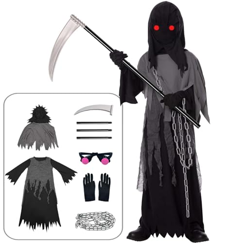 Tosekry Halloween Kostüm Kinder Jungen Sensenmann Kostüm Kinder, Halloween Kostüm Jungs Halloween Kostüm Junge Kostüm Kinder Sensenmann mit Sense, Leuchtende Sense Brille und Ketten(8-10 Jahre)