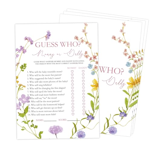Wildflower Guess Who Mommy or Daddy Game, Pack of 30 Game Cards, Boho Floral Baby Shower Game, Gender Reveal Party Decorations, Gender Neutral - KR19