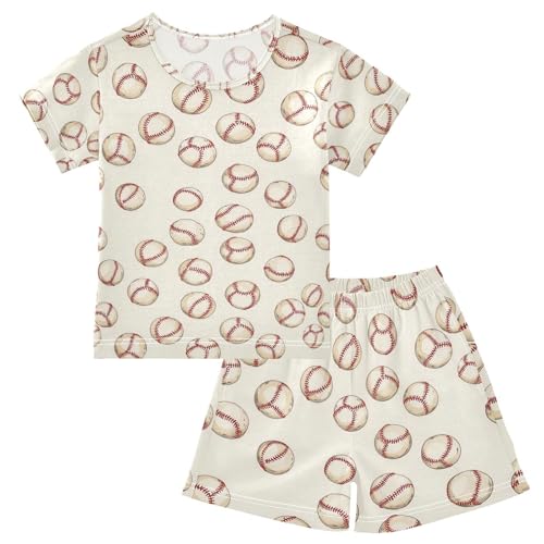 ALAZA Baseball White Cartoon Pajamas Set Short Sleeve Cotton Sleepwear Summer Pjs 2 Piece 5-14Y