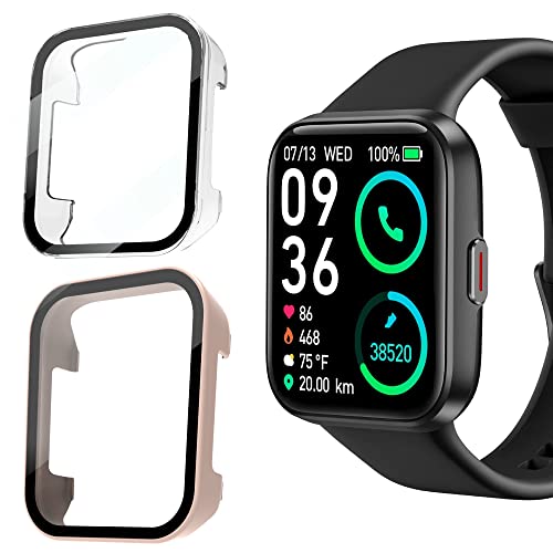 Compatible for SKG V7 Pro Case, Lamshaw Hard PC Case with Screen Protector Compatible for SKG V7 Pro/ENOMIR, Aeac, ENGERWALL, Konitee, DECWIN, FACOI, VRPEFIT ID208BT/ID208 Watch (2 Pack-Pink+Clear)