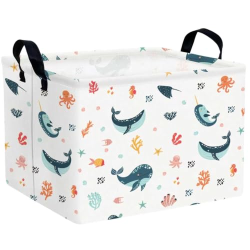 Rectangular Fish Gifts Basket Collapsible Kids Storage Bin Ocean Themed Baby Stuff Nursery Room Decor (Adorable Whale)