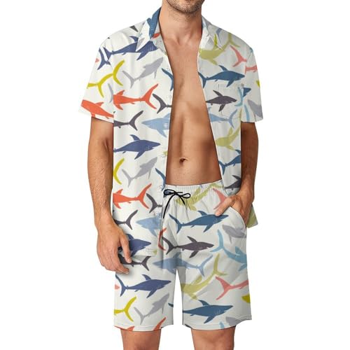 Chemise Hawaïenne Requin Coloré ensemble short pantalon haut de gamme été hommes S