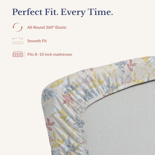 Image of Jaipur Weaves Queen Size Fitted Bedsheet Cotton with Elastic, 100% Pure Cotton Double Bed Fitted Sheet with 2 Pillow Covers, 240 TC, 60x78 Inches up to 8-inch Mattress, Floral Design - (Orange Floral)