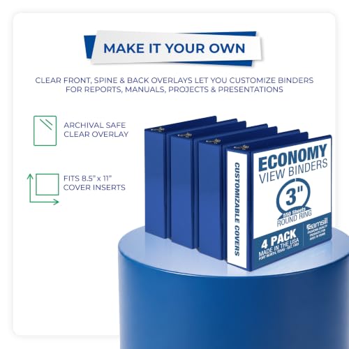Condition photo showing New/Like New for samsill 3 inch 3 ring binders, economy round ring, clear view cover, 550 sheet capacity - for school, home, office - blue, 4 pack