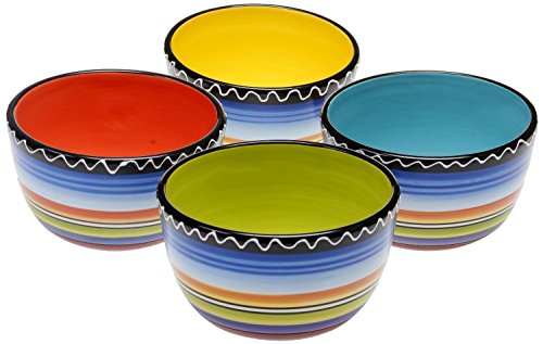 Tequila Sunrise Ice Cream Bowls Set of 4, 5.25-Inch Colorful Ceramic Bowls for Dessert, Cereal, Snacks & Dips, Multicolor Fiesta Stripe Design with Black Rim, Fun Southwest Kitchenware