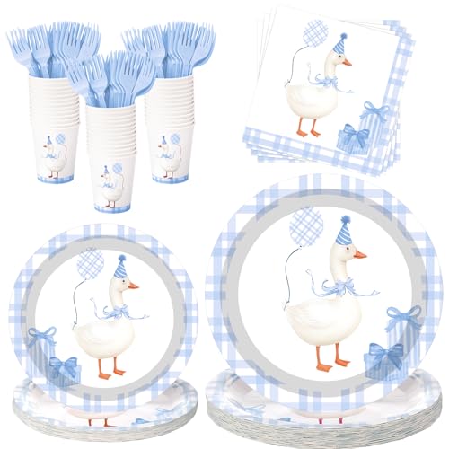 Havawish 120 Pcs Goose Birthday Party Tableware Set Blue, One Silly Goose