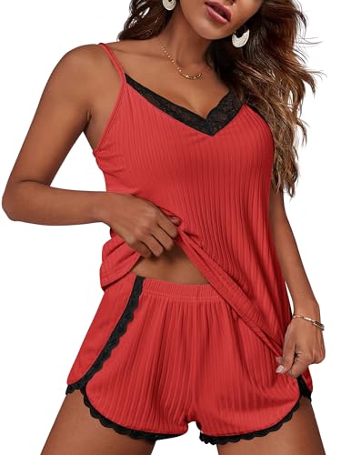 Image of Ekouaer Womens Pajama Sets Soft Lingerie Sleepwear 2 Piece Cami Shorts Set V Neck Pj Lace Nightwear