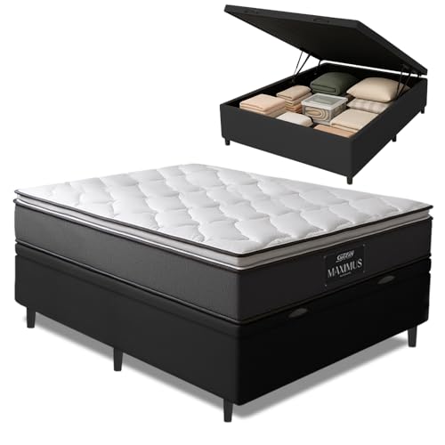 Cama Box Baú Casal Colchão Molas Ensacadas Maximus 138x188x65cm Cinza/Preto Gazin - Suporta até 120kg por Pessoa