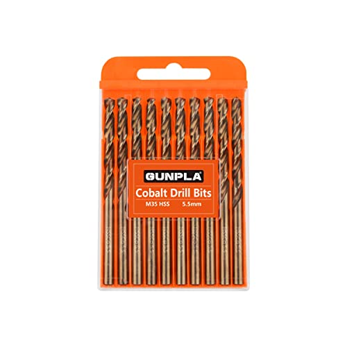 Gunpla Cobalt Drill Bits 5.5mm 10-Pieces, M35 HSS Metric Straight Shank Jobber Drill Bit Set with Plastic Case for Hardened Stainless Steel, Metal, Aluminium, Tile, Wood, Plastic and Cast Iron…