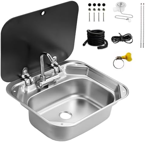 OKSTENCK Stainless Steel RV Caravan Sink with Folded Faucet, Hand Wash Basin Sink, Tempered Glass Lid, Van Camper Trailer Accessories