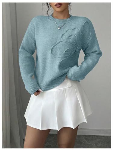Image of RoseSeek Women's 3D Floral Appliques Crewneck Sweaters Long Sleeve Drop Shoulder Pullovers Elegant Knit Tops