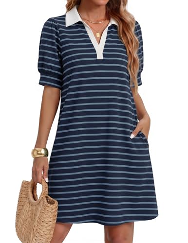 Image of ZESICA Womens Summer Striped T Shirt Mini Dresses 2026 Casual Lapel V Neck Short Sleeve Flowy A Line Beach Vacation Dress