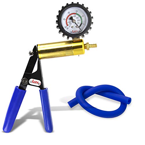 LeLuv Ultima Blue Vacuum Pump - Aluminum Alloy &amp; Brass Handle Manual Hand Vacuum (0-30 Hg, 0-760 mmHg), Gauge Installed with Protective Rubber Cover, Rubber Padded Grips with Silicone Hose