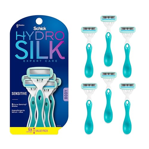 Schick Hydro Silk Sensitive Women’s Disposable Razors, 6ct | 5-Blade Disposable Razors for Women Sensitive Skin | Travel Razor for Women