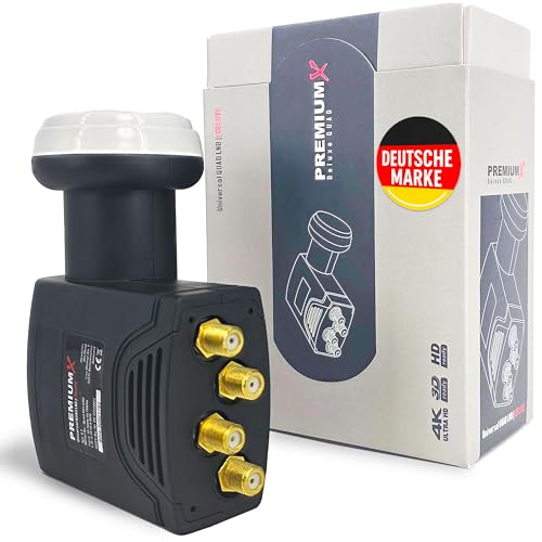 Premium X Deluxe Quad LNB – 4-Fach LNC Kopf mit LTE-Filter – SAT PLL Technik – 4 Teilnehmer – Digital UHD 4K 8K Full HD 3D – vergoldete Kontakte - Wetterschutz – Schwarz
