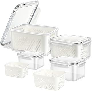 4 Pack Fruit and Vegetable Storage Container for Fridge, Produce Saver Containers for Refrigerator, Double Layer Drain Basket with Lid, Kitchen Romaine Lettuce Berry Salad Container, BPA Free