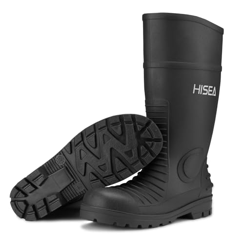 Image of HISEA Men's Steel-Toe Rain Boots, Rubber Boots Waterproof Slip Resistant | Garden Fishing Outdoor Work Boots, Durable Slip-Resistant Knee Boots for Farm Agriculture and Industrial Work