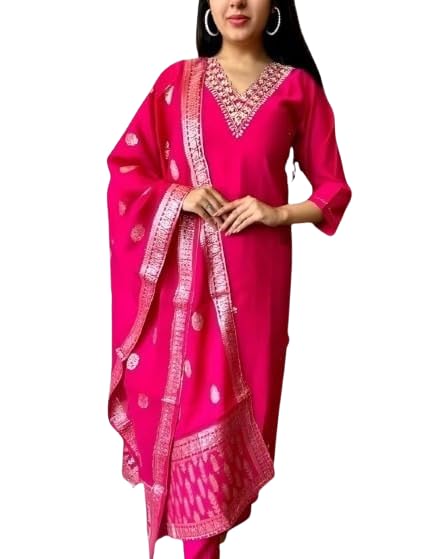Image of Women's Chanderi Silk Kurti with Rayon Slub Pants & Dupatta | Printed Three-Quarter Sleeve Ethnic Set