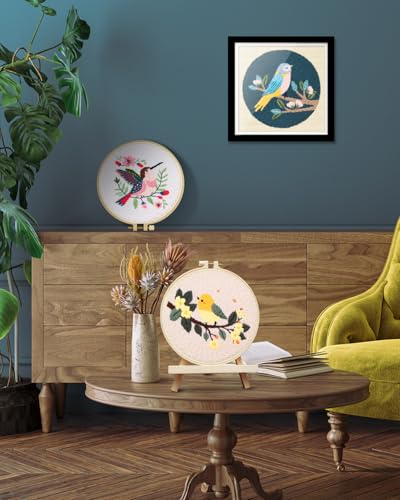 Image of TINDTOP Punch Needle Kits, Panda Punch Embroidery Kits for Adults | 3 Sets, Tool with Punch Needle Fabric, Hoops, Yarns and Sewing Needles (Bird)