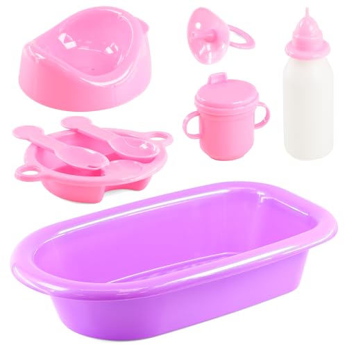 BiBi Doll Bath Feeding Set Baby Doll Accessories 8pcs Playset Bath Potty Milk Bottle Sippy Cup Dummy Spoon Fork Plate
