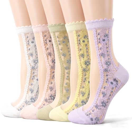 Image of 5 Pack Flower Sheer Socks for Women Ruffle Lace Ankle Socks