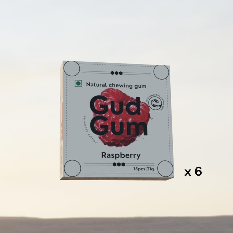 Image of Gud Gum Natural, Plastic Free Chewing Gum Raspberry Flavour No Added Artificial Colours, Flavors & Sweeteners (90 Pieces) Pack of 6