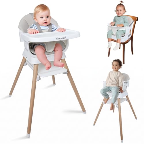 9 in 1 Convertible Baby High Chair with Booster Seat, Wooden Highchair for Babies and Toddlers with Removable Tray &amp; 5-Point Harness, Multi-Functional Growing Seat for Feeding, Learning &amp; Play, Gray