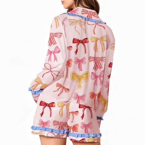 Image of Tenopuli Women Silk Satin Pajama Set Heart Print Bow Tie Long Sleeve Top Shorts Sleepwear Cute 2 Piece Loungewear