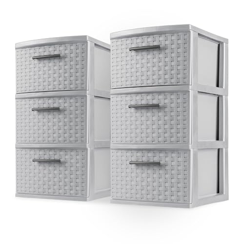 Sterilite 2-Pack 3-Drawer Weave Tower Medium Storage Closet Organizer Cement - Plastic Drawers and Containers for Bedroom Cabinet Clothes Dresser and Kitchen Pantry Organization